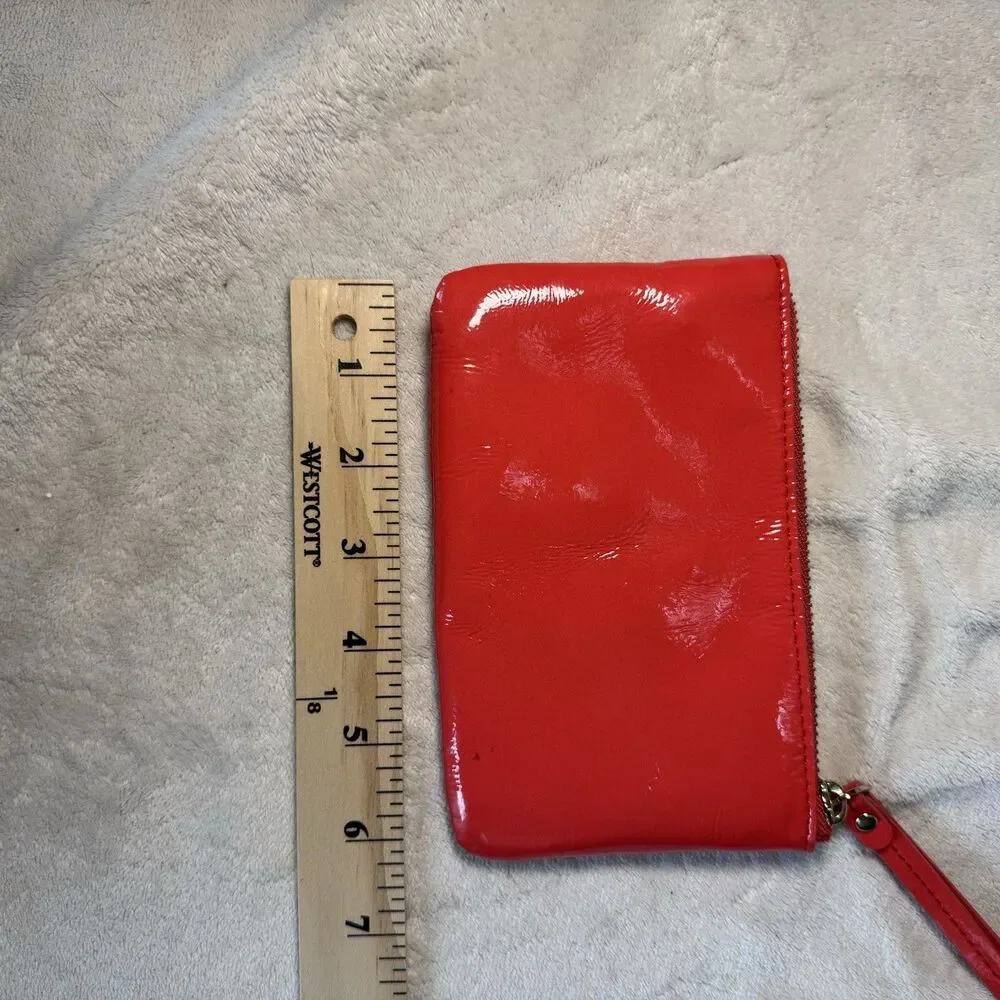 Kate Spade New York Coral Red Pink Patent Logo Zip Wristlet Pouch with Gold